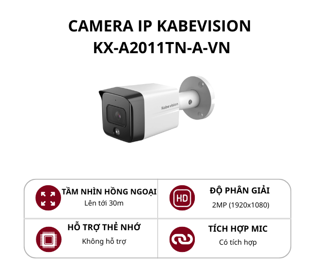 Camera IP thân kim loại cố định ngoài trời KBVision 2.0MP có mic KX-A2011TN-A-VN