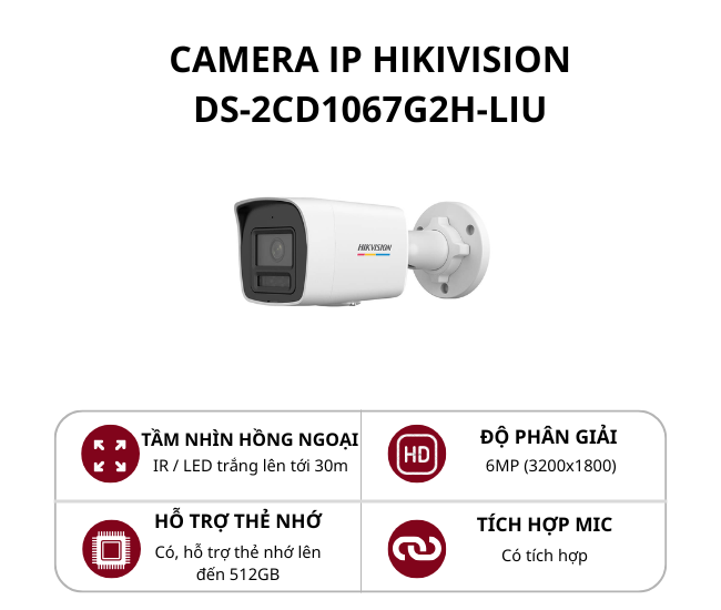 Camera thân trụ ngoài trời Hikvision 6MP ColorVu DS-2CD1067G2H-LIU