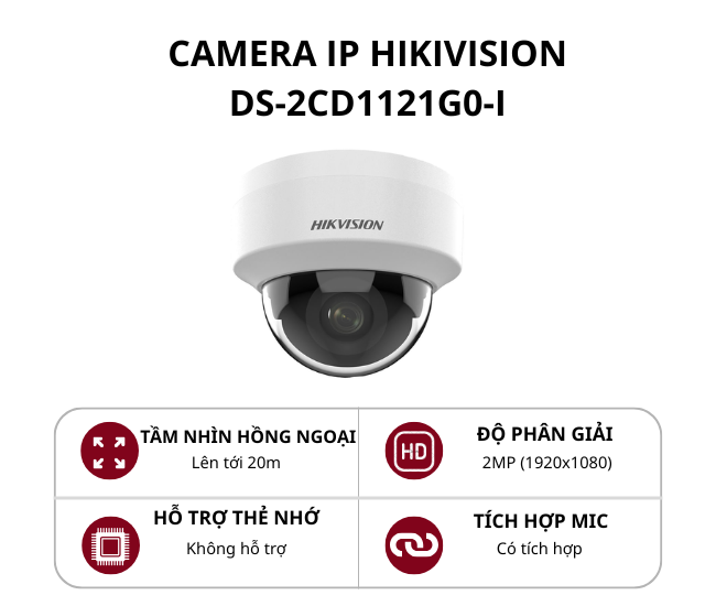Camera IP Dome Hikvision 2MP H.265+ DS-2CD1121G0-I