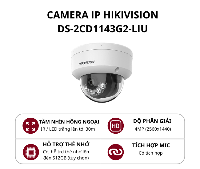 Camera IP bán cầu Hikvision 4MP Smart Hybrid Light DS-2CD1143G2-LIU