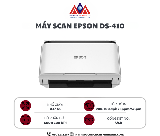 Máy Scan Epson DS-410 (A4/ A5/ Đảo mặt/ ADF/ USB)