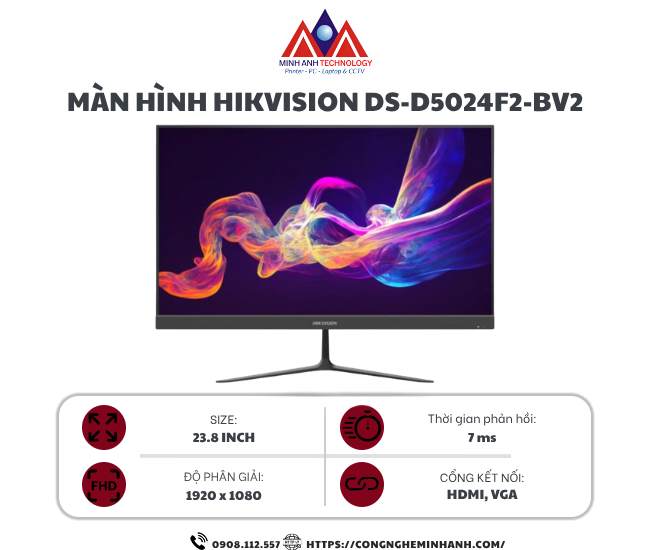 Màn hình Hikvision DS-D5024F2-BV2 (23.8Inch/ Full HD/ 7ms/ 100HZ/ 250cd/m2/ LED)