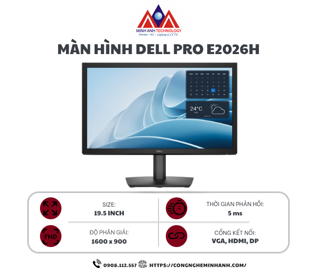 Màn hình Dell E2026H (19.5Inch/ 5ms/ 100HZ/ 250cd/m2/ TN)