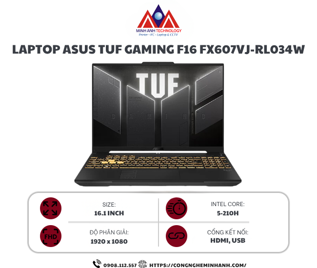 Laptop ASUS TUF Gaming F16 FX607VJ-RL034W (Intel Core 5 210H/ RTX 3050 6GB/ 16 inch FHD 144Hz/ 16GB/ 512GB/ Win 11/ Xám)