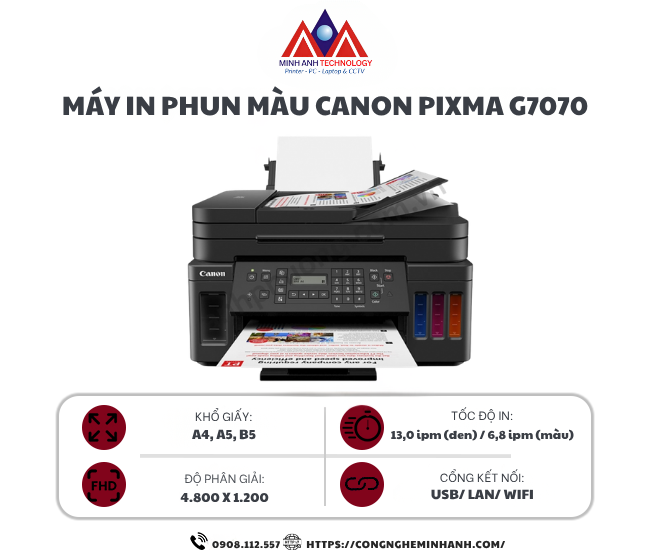 Máy in phun màu Canon PIXMA G7070 (A4/A5/ In/ Copy/ Scan/ Đảo mặt/ USB/ LAN/ WIFI)