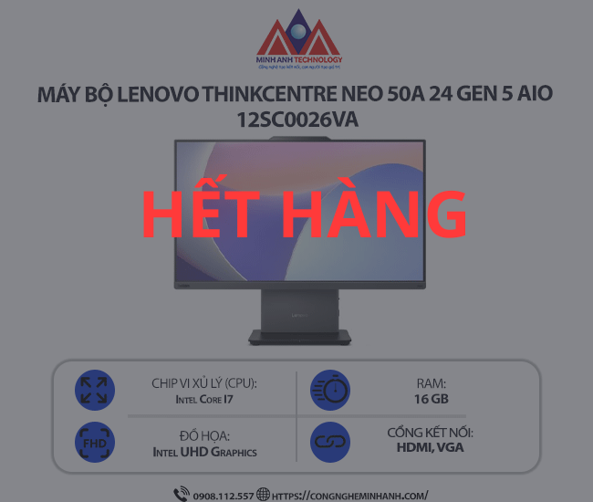 Máy bộ Lenovo ThinkCentre neo 50a 24 Gen 5 AIO 12SC0026VA (i7-13620H/ Ram 16GB/ SSD 512GB/ Windows 11/ 1Y)