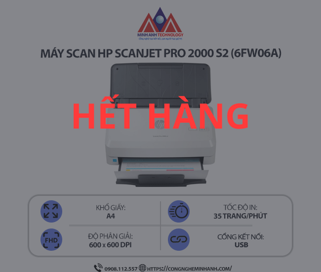 Máy Scan HP ScanJet Pro 2000 s2 (6FW06A) - Scan tài liệu 2 mặt tự động, kết nối cổng USB, tốc độ cao, khay ADF 50 tờ