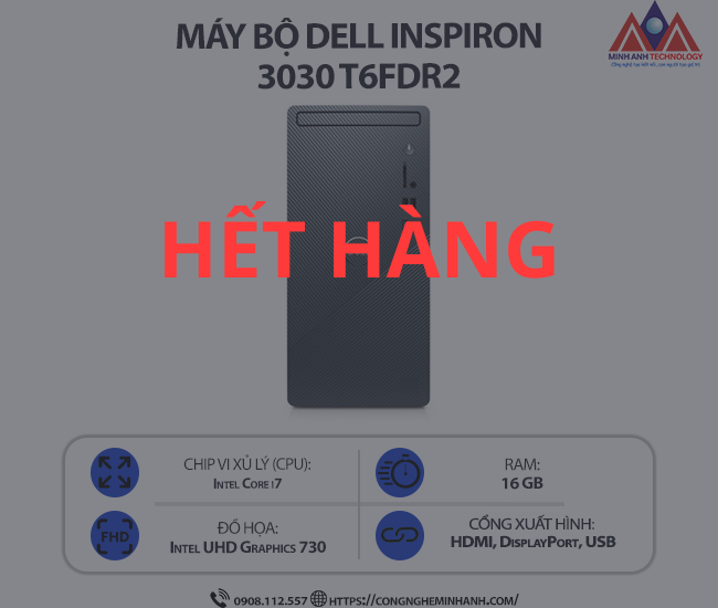 Máy bộ Dell Inspiron 3030 T6FDR2 (i7 14700/ Ram 16GB/ SSD 512GB/ Windows 11/ 1Y)