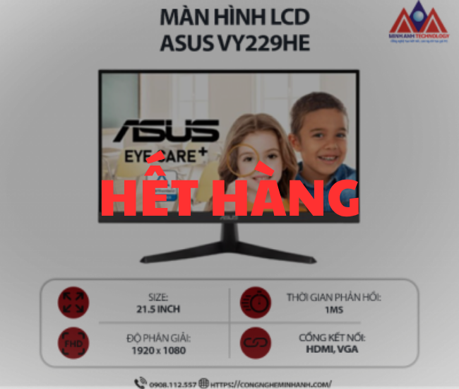 Màn hình máy tính Asus VY229HE (21.5 inch IPS/ 1920 x 1080/ 250 cd/m2/ 1ms/ 75Hz), bảo hành 24 tháng