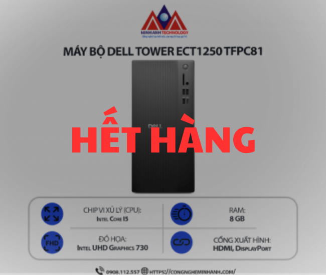 Máy bộ Dell Tower ECT1250 TFPC81 (i5-14400/ RAM 8GB/ SSD 512GB/ No OS/ 1Y)