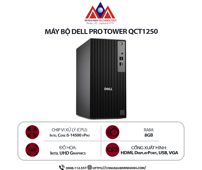 Máy bộ Dell Pro Tower QCT1250 (I3 14100/ 8GB/ 512GB SSD/ Key/ Mouse/ Win11/ 1Y)