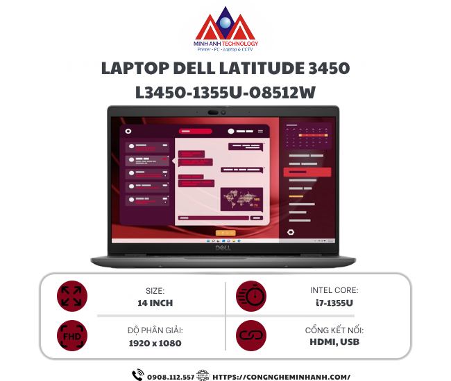 Latop Dell Latitude 3450 L3450-1355U-08512W (i7-1355U/ Ram 8GB/ SSD 512GB/ Windows 11 Home/ 1Y)