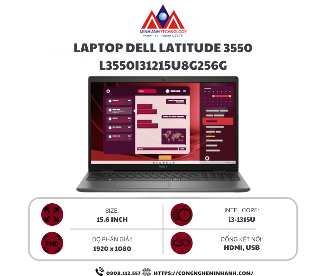 Laptop Dell Latitude 3550 (Core i3-1315U/ 8GB/ 256GB SSD/ 15.6 inch FHD/ 1Y ProSupport)