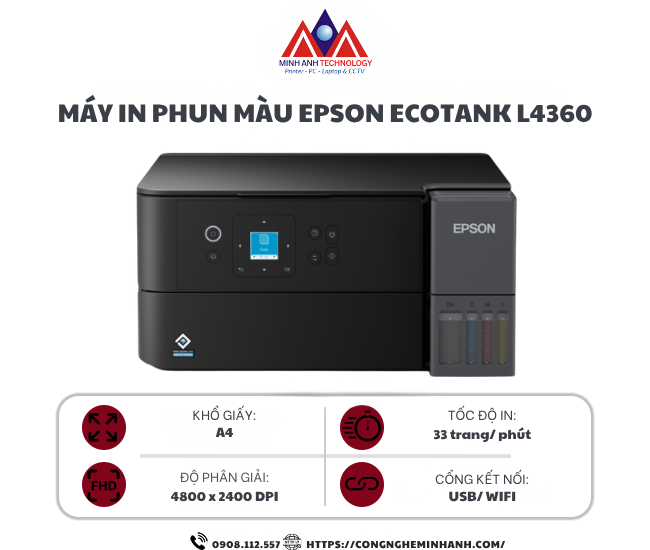 Máy in phun màu Epson Ecotank L4360 (A4/A5/ In/ Copy/ Scan/ Đảo mặt/ USB/ WIFI)