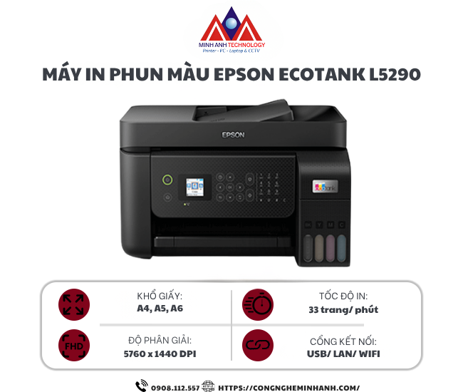Máy in phun màu Epson Ecotank L5290 (A4/A5/ In/ Copy/ Scan/ Fax/ ADF/ USB/ LAN/ WIFI)