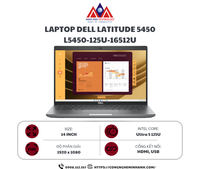 Laptop Dell Latitude L5450 L5450-125U-16512U (Ultra 5 125U/ 16GB/ 512GB SSD/ 14 inch FHD/ NoOS/ Grey/ Vỏ nhôm/ 1Y)