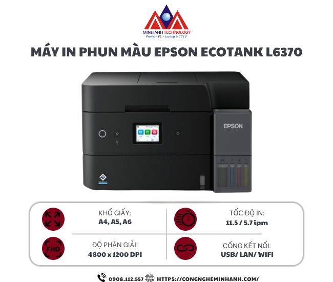 Máy in phun màu Epson Ecotank L6370 (A4/A5/ In/ Copy/ Scan/ Fax/ Đảo mặt/ ADF/ USB/ LAN/ WIFI)