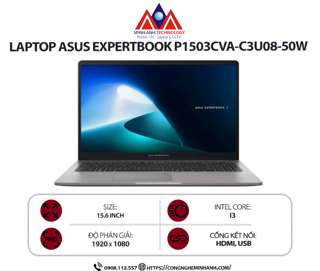 Laptop Asus ExpertBook P1503CVA-C3U08-50W (i3-100U/ Ram 8GB/ SSD 512GB/ Windows 11/ 1Y/ Bạc)