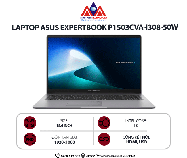 Laptop Asus ExpertBook P1503CVA-i308-50W (i3-1315U/ Ram 8GB/ SSD 512GB/ Windows 11 Home/ 1Y/ Xám)