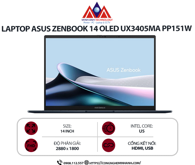 Laptop Asus Zenbook 14 Oled UX3405MA PP151W (U5-125H/ Ram 16GB/ SSD 512GB/ Windows 11/ 1Y/  Xanh)