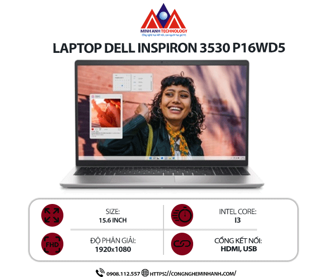 Laptop Dell Inspiron 3530 P16WD5 (i3 1305U/ Ram 8GB/ SSD 512GB/ Windows 11/ 1Y/ Bạc)