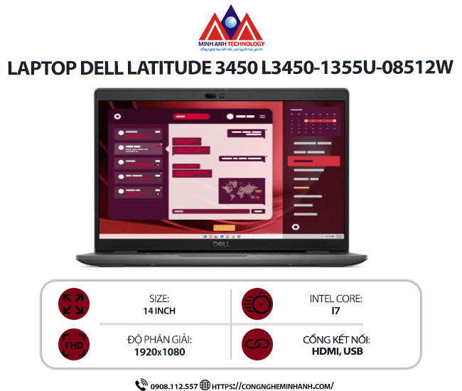 Latop Dell Latitude 3450 L3450-1355U-08512W (i7-1355U/ Ram 8GB/ SSD 512GB/ Windows 11 Home/ 1Y)
