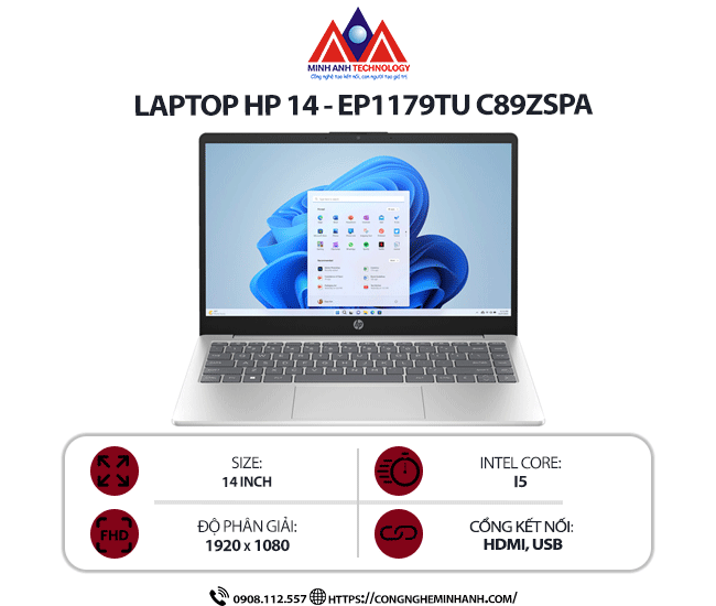 Laptop HP 14 - ep1179TU C89ZSPA (i5 125U/ Ram 16GB/ SSD 512GB/ Windows 11 Home/ 1Y/ Bạc)