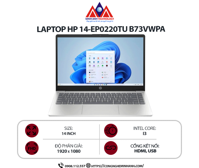 Laptop HP 14-ep0220TU B73VWPA (i3-1315U/ Ram 8GB/ SSD 512GB/ Windows 11 Home/ 1Y/ Bạc)