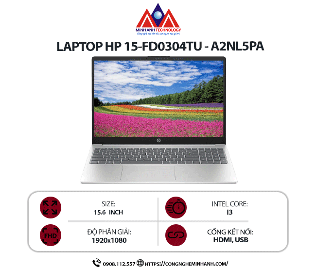 Laptop HP 15-FD0304TU - A2NL5PA (I3 -1315U/ RAM 8GB/ SSD 512GB/ Windows 11 home/ 1Y/ Đen)