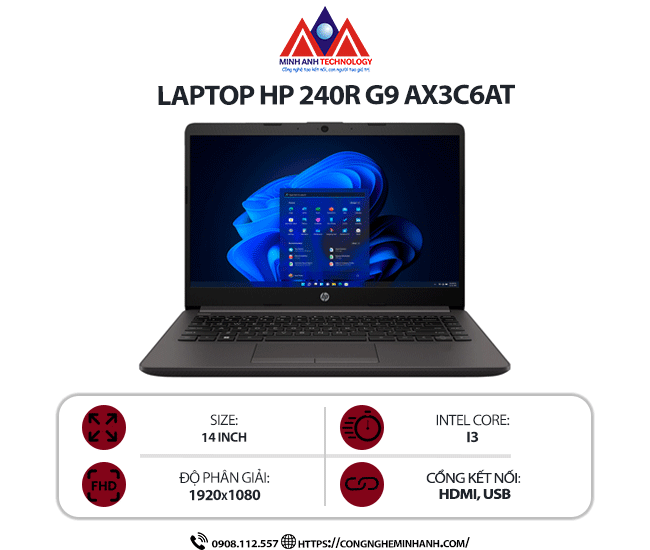 Laptop HP 240R G9 AX3C6AT (i3-1315U/ Ram 8GB/ SSD 512GB/ Windows 11/ Đen)
