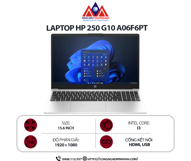Laptop HP 250 G10 A06F6PT (i3 1315U/ Ram 16GB/ SSD 512GB/ Windows 11/ 1Y/ Bạc)