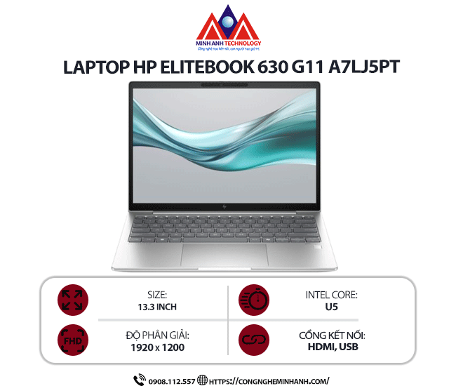 Laptop HP EliteBook 630 G11 A7LJ5PT (Ultra 5 125U/ Ram 16GB/ SSD 512GB/ Windows 11 Home/ 1Y/ Bạc)