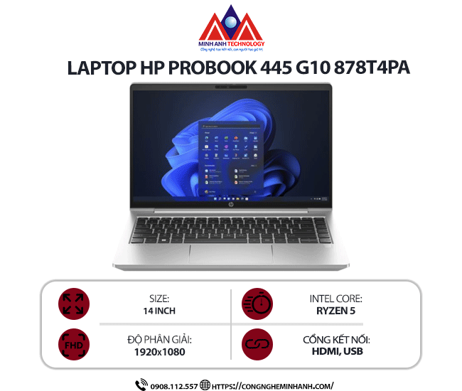 Laptop HP Probook 445 G10 878T4PA (R5 7530U/ Ram 16GB/ SSD 512GB/ Windows 11 Home/ 1Y/ Bạc)
