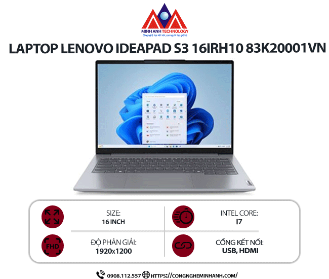 Laptop Lenovo IdeaPad Slim 3 16IRH10 83K20001VN (i7-13620H/ Ram 16GB/ SSD 512GB/ Windows 11 Home/ 1Y/ Xám)