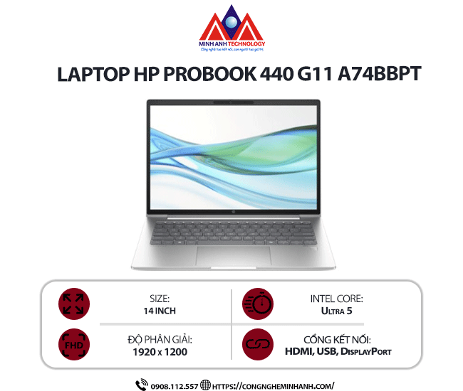 Laptop HP ProBook 440 G11 A74BBPT (Ultra 5 125H/ Ram 16GB/ SSD 512GB/ Windows 11 Pro/ 1Y/ Bạc)