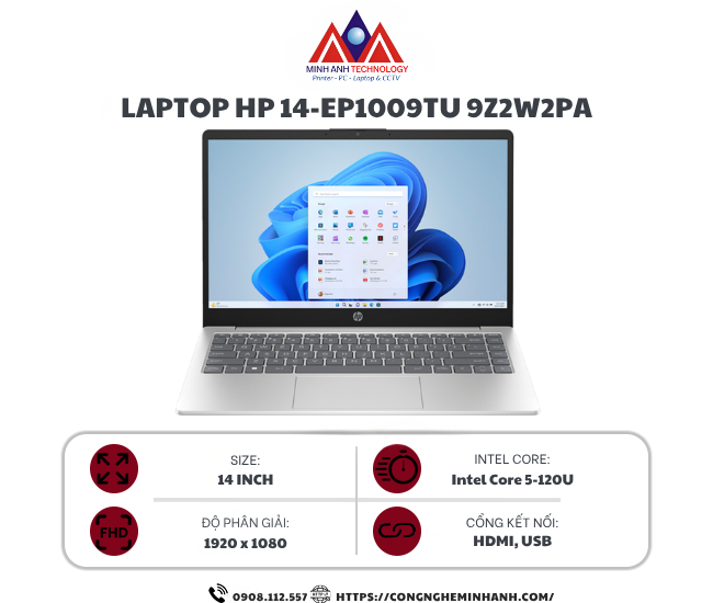 Laptop HP 14 ep1009TU 9Z2W2PA (Core 5 120U/ 16GB/ 1TB SSD/ 14 inch FHD/ Win11/ Silver)