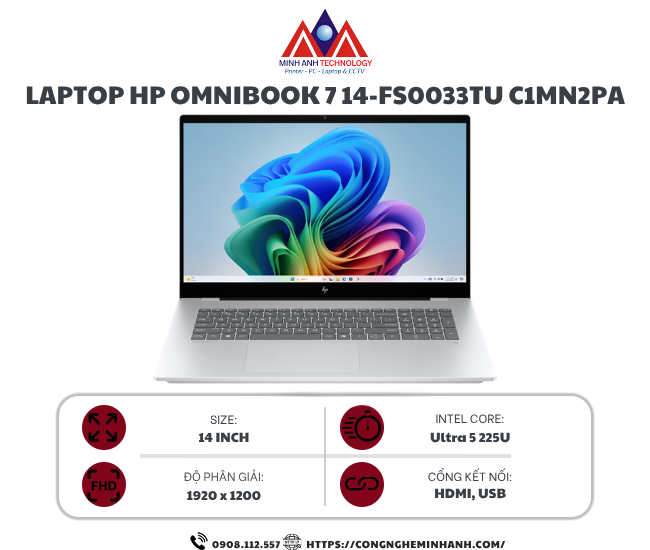 Laptop HP OmniBook 7 14-FR0033TU C1MN2PA (Ultra 5 225U/ 16GB/ 512GB SSD/ 14 inch WUXGA/ Win 11/ Office/ Bạc)