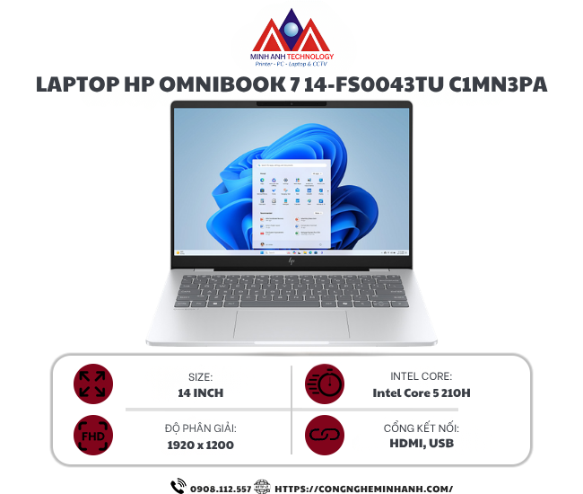 Laptop HP OmniBook 7 14-fs0043TU C1MN3PA (Core 5 210H/ 16GB/ 512GB SSD/ 14 inch WUXGA/ Win 11/ Office/ Bạc)