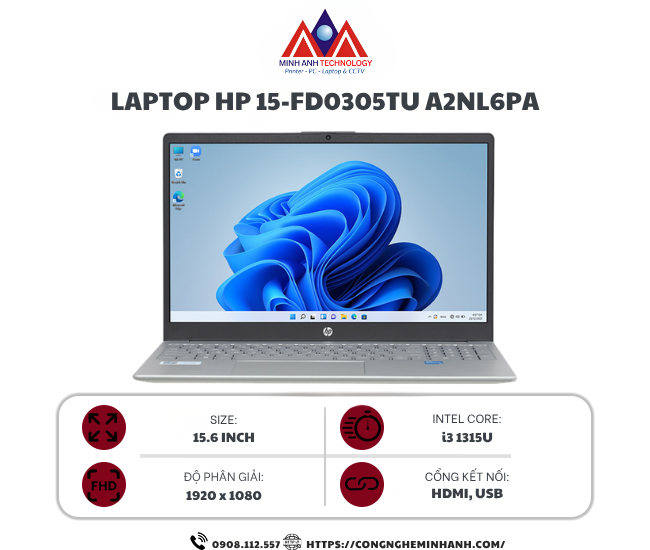 Laptop HP 15-fd0305TU A2NL6PA (Core i3 1315U/ 8GB/ 256GB SSD/ 15.6 inch FHD/ Win11/ Gold)