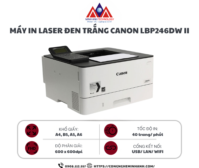 Máy in laser đen trắng Canon LBP246DW II (A4/A5/ Đảo mặt/ USB/ LAN/ WIFI)