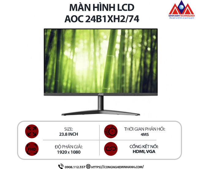 Màn hình máy tính AOC 24B1XH2/74 (23.8 inch IPS/ 1920 x 1080/ 250 cd/m2/ 4ms/ 100Hz), bảo hành 24 tháng