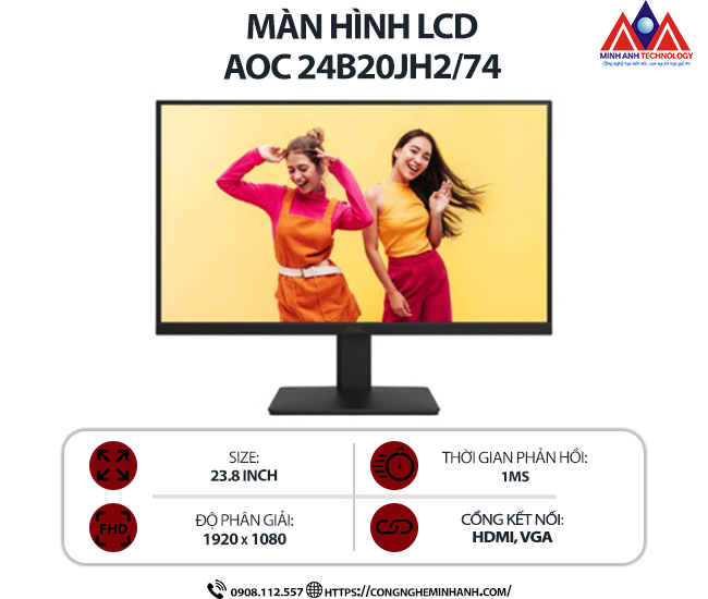 Màn hình máy tính AOC 24B20JH2/74 (23.8 inch IPS/ 1920 x 1080/ 250 cd/m2/ 1ms/ 100Hz), bảo hành 24 tháng