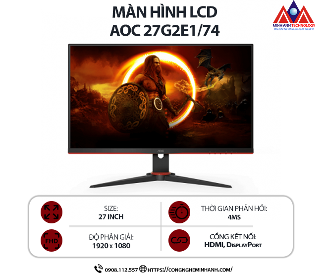 Màn hình máy tính AOC 27G2E1/74 (27 inch IPS/ 1920 × 1080/ 250 cd/m2/ 4ms/ 100Hz), bảo hành 24 tháng