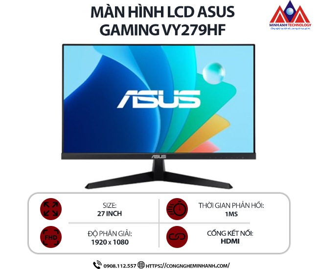 Màn hình máy tính Asus Gaming VY279HF (27 inch IPS/ 1920 x 1080/ 250cd/m2/ 1ms/ 100Hz), bảo hành 24 tháng