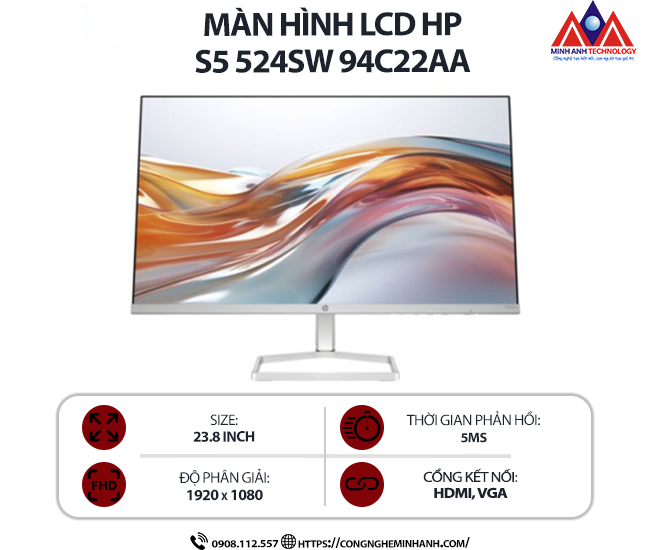 Màn hình máy tính HP S5 524sw 94C22AA (23.8 inch IPS/ 1920 x 1080/ 300 nits/ 5ms/ 100Hz), bảo hành 24 tháng