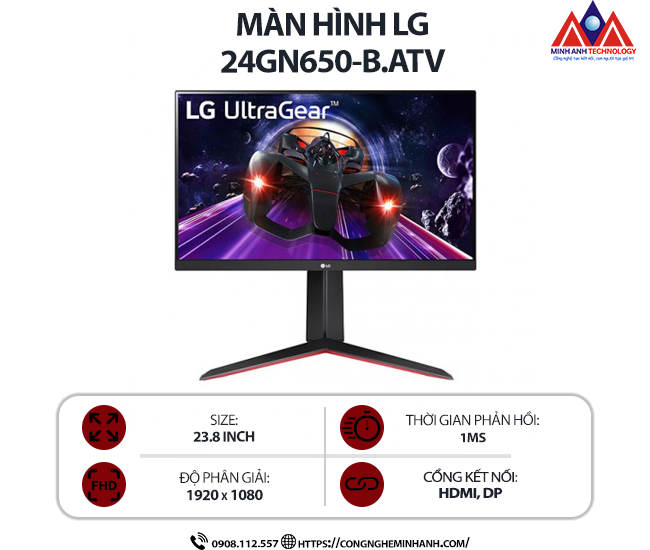 Màn hình máy tính LG 24GN650-B.ATV (23.8 inch IPS/ 1920 x 1080/ 300 cd/m2/ 1ms/ 144Hz), bảo hành 24 tháng