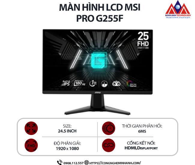 Màn hình máy tính MSI G255F (24.5 inch IPS/ 1920 x 1080/ 300 nits/ 6ms/ 180Hz), bảo hành 24 tháng
