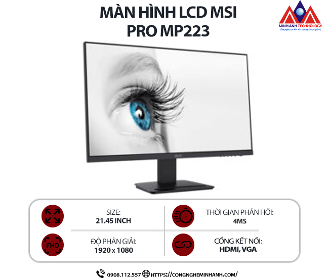 Màn hình máy tính MSI Pro MP223 (21.45 inch/ 1920 x 1080/ 250 cd/m2/ 1ms/ 100Hz), bảo hành 24 tháng