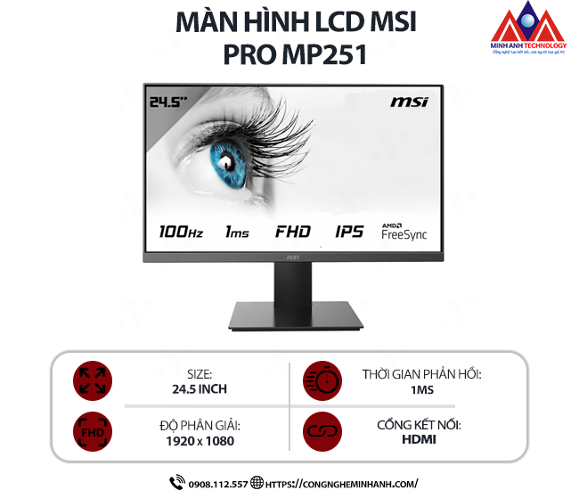 Màn hình máy tính MSI PRO MP251 (24.5 inch IPS/ 1920 x 1080/ 300 nits/ 1ms/ 100Hz), bảo hành 24 tháng
