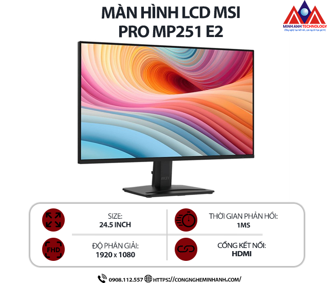 Màn hình máy tính MSI PRO MP251 E2 (24.5 inch IPS/ 1920 x 1080/ 300 nits/ 1ms/ 120Hz), bảo hành 24 tháng